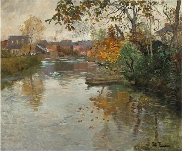 River Landscape Oil Painting by Fritz Thaulow