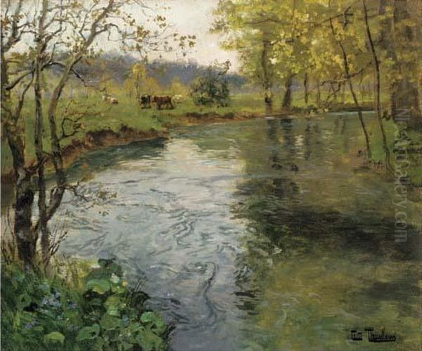 A Landscape With Cows By A Stream Oil Painting by Fritz Thaulow