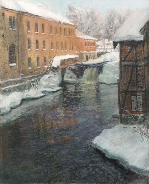 A River Cascade Among Factory Buildings On A Winter's Day Oil Painting by Fritz Thaulow