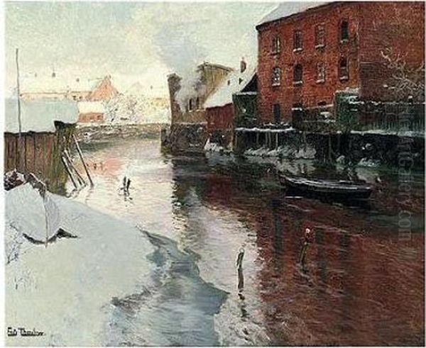 Fabrikker Ved Elven, Kristiania (factories By The River, Kristiania) Oil Painting by Fritz Thaulow