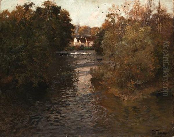 A River Landscape With Cottages Oil Painting by Fritz Thaulow