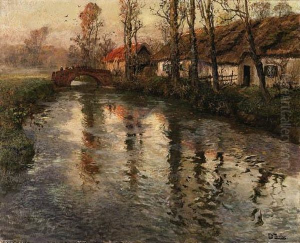 Cottages Along A River, Normandy Oil Painting by Fritz Thaulow