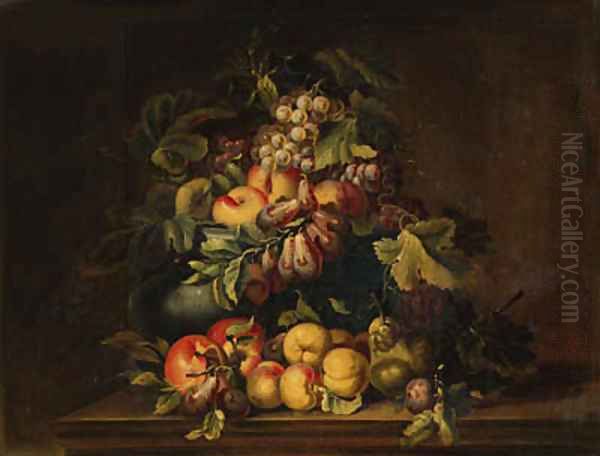 Peaches, plums, grapes, pears and limes in an urn with other fruit on a ledge Oil Painting by Giovanni Paolo Castelli, Called Spadino