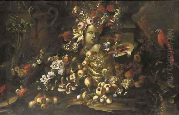 A marble bust surrounded by roses Oil Painting by Giovanni Paolo Castelli, Called Spadino