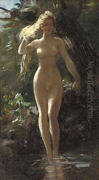 A nymph in a woodland pool Oil Painting by Gustave Surand