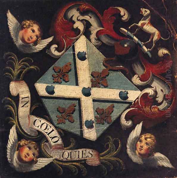 A Hatchment comprising a Coat of Arms with the motto IN COELO QUIES supported by three Seraphim Oil Painting by English Provincial School