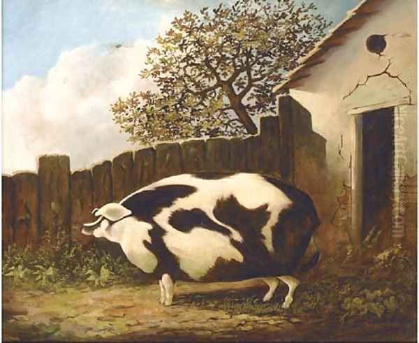 A sow in a farmyard Oil Painting by English Provincial School