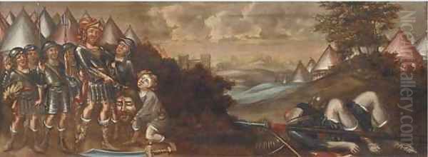 David and Goliath, an overmantle Oil Painting by English Provincial School