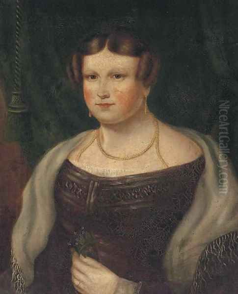 Portrait of a lady, bust-length, in a purple dress, holding a posy Oil Painting by English Provincial School