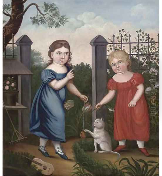 Portrait of two girls, full-length, in a garden Oil Painting by English Provincial School