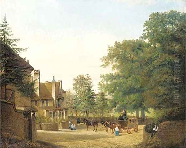 A horse-drawn carriage arriving at the Barley Mow Inn Oil Painting by English Provincial School