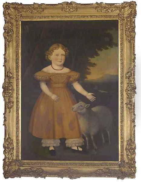 Portrait of a girl, full-length, in an orange dress and sheep Oil Painting by English Provincial School