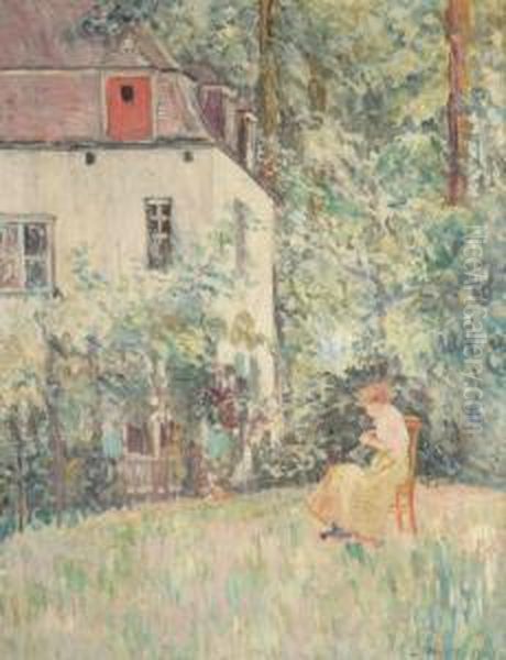 Lady In A Garden Oil Painting by Louis Thevenet