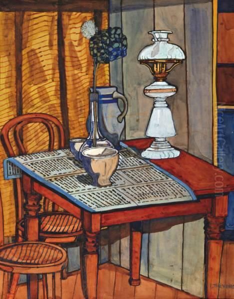 Tafel Met Olielamp, Kommetje En Bloem Oil Painting by Louis Thevenet