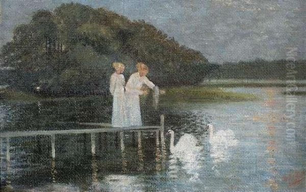 Two Ladies With Swans Oil Painting by Louis Thevenet