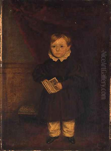 Portrait of a young boy, small full-length, in a brown coat Oil Painting by English Provincial School