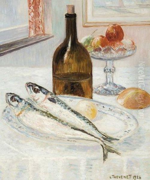 Harengs, Coupe A Fruits Et Bouteille Oil Painting by Louis Thevenet