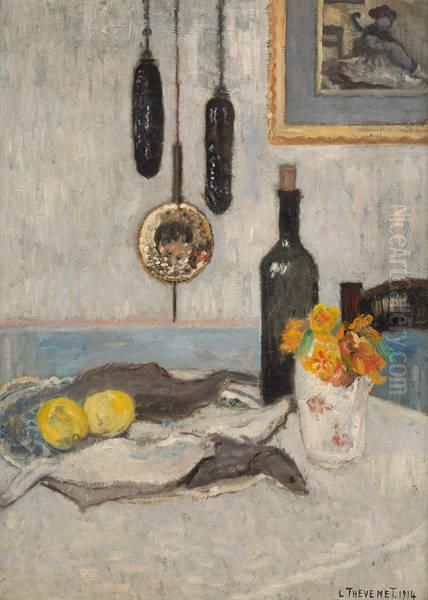 La Table Garnie Sur Fond De Pendule Oil Painting by Louis Thevenet