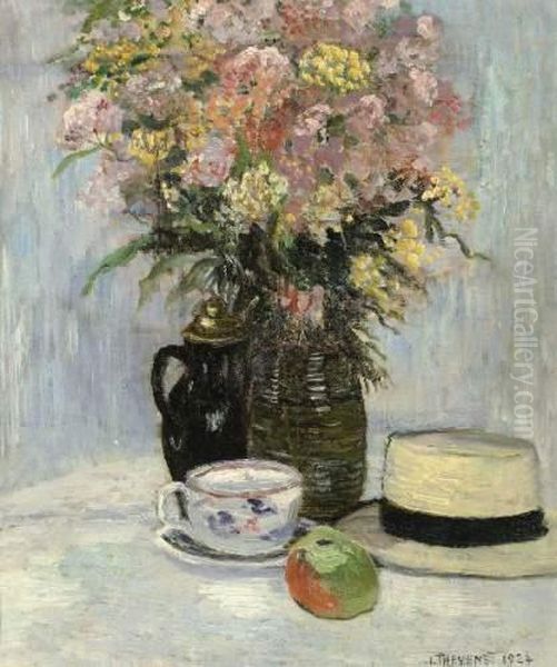 Nature Morte Au Bouquet De Fleurs Et Chapeau De Paille Oil Painting by Louis Thevenet