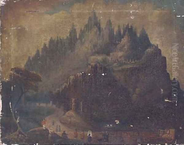 Travellers surveying an Italianate citadel Oil Painting by English Provincial School