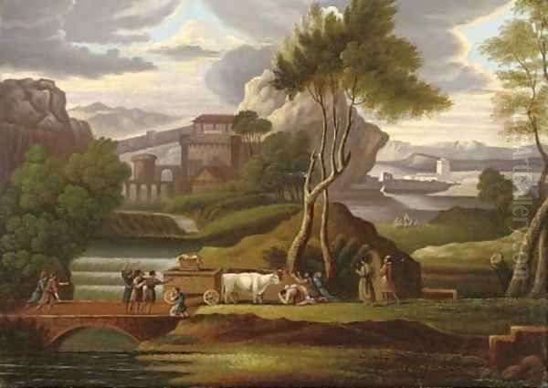 Worshippers before a holy relic, in a capriccio landscape Oil Painting by English Provincial School