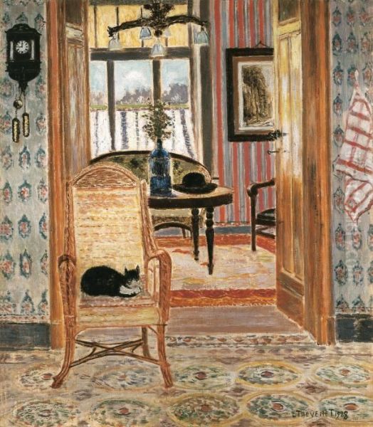 Interior With Sleeping Cat (sunday Morning In The Summertime) (1928) Oil Painting by Louis Thevenet