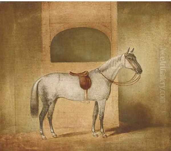 A saddled dapple grey in a stable Oil Painting by English Provincial School