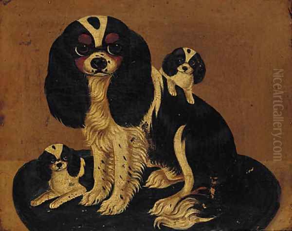 A spaniel and her puppies Oil Painting by English Provincial School