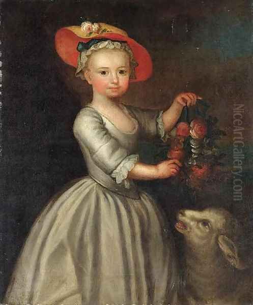 Portrait of a girl, holding a garland of flowers, a sheep beside Oil Painting by English Provincial School