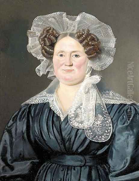 Portrait of a lady, bust-length, in a grey dress and lace bonnet Oil Painting by English Provincial School