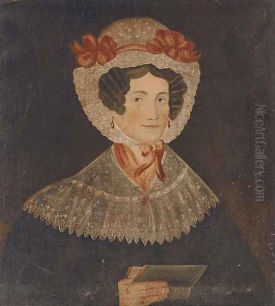 Portrait of a lady, half-length, in a black dress with lace collar and cap, holding a book Oil Painting by English Provincial School