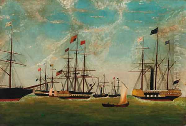 Shipping at anchor Oil Painting by English Provincial School