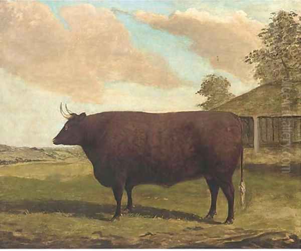 A long horned bull in a landscape; and another similar Oil Painting by English Provincial School