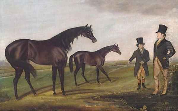 A mare and foal with a trainer and owner Oil Painting by English Provincial School