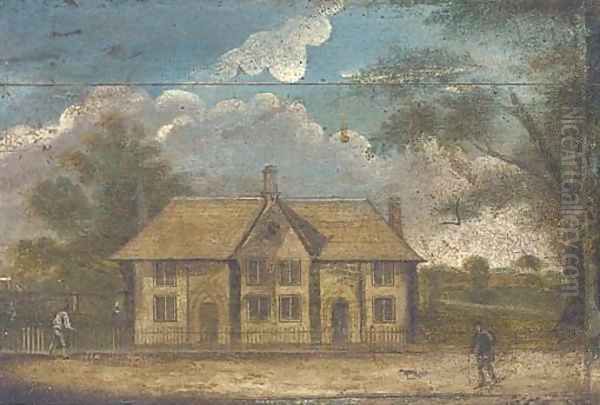 Figures by country cottages Oil Painting by English Provincial School