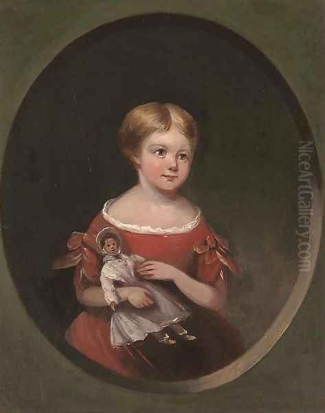 Portrait of a young girl, half-length, in a red dress holding a doll Oil Painting by English Provincial School