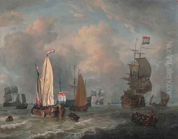 A smalschip, a boeier yacht, a Dutch frigate and other shipping in choppy seas Oil Painting by Abraham Jansz Storck