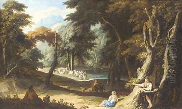 A wooded landscape with travellers Oil Painting by Carlo Antonio Tavella, Il Solfarola