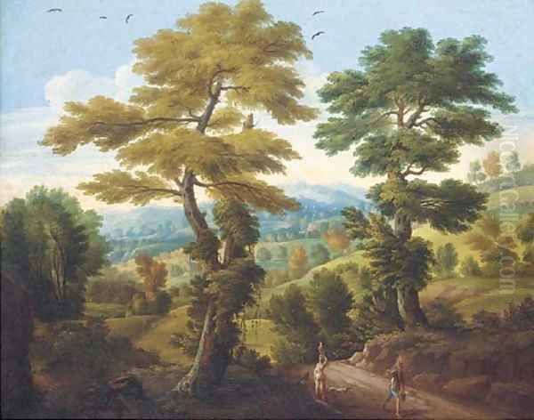 A wooded landscape with travellers on a path Oil Painting by Carlo Antonio Tavella, Il Solfarola