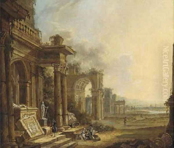 An architectural capriccio of classical ruins with travellers in the foreground Oil Painting by Christian Stocklin