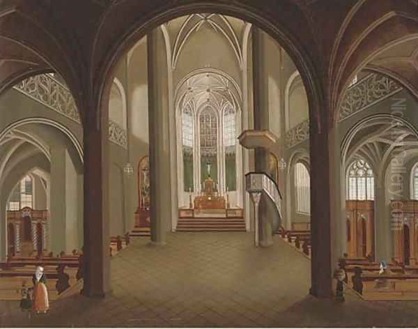 The interior of a Gothic church with figures by the pews Oil Painting by Christian Stocklin