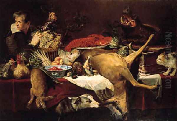 Chickens, a dead hare, artichokes, a bunch of asparagus, a melon, oranges, dead game, frais-de-bois in a klapmuts, a lobster on a porcelain dish Oil Painting by Frans Snyders