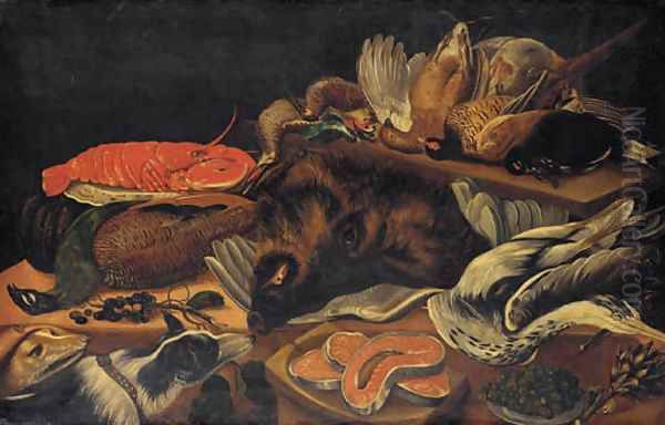 Still life with a peacock, a lobster, a wild boar, a cormorant and game birds on tables Oil Painting by Frans Snyders