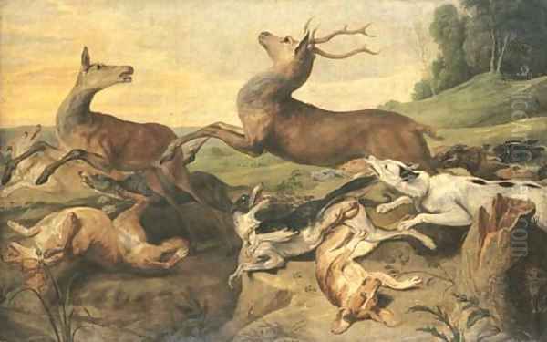 Dogs hunting deer in a landscape Oil Painting by Frans Snyders