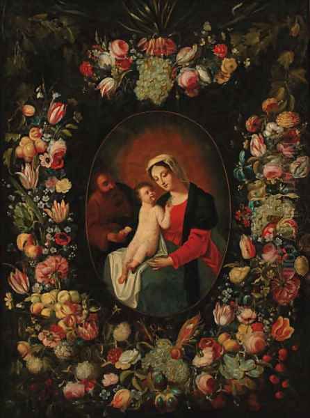 A garland of flowers and fruit decorating a medallion of the Holy Family Oil Painting by Frans Snyders