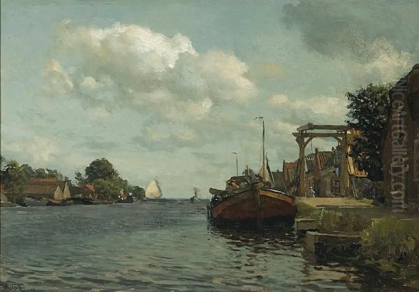 Moored Boats On A River In Summer Oil Painting by Willem Bastiaan Tholen