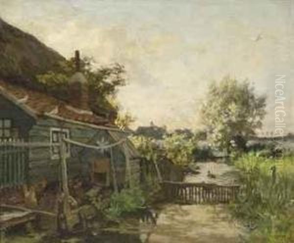 Boerderij Aan De Vaart: A Farm Along A River Oil Painting by Willem Bastiaan Tholen