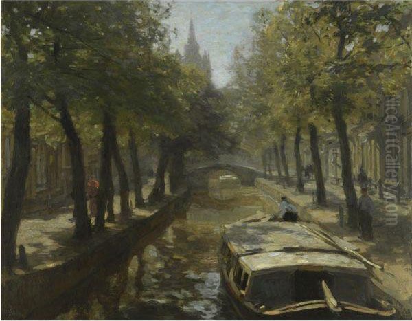 A Sunny Afternoon In Delft, The Old Church In The Distance Oil Painting by Willem Bastiaan Tholen