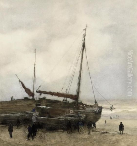 Fishing Boats On The Beach At Scheveningen Oil Painting by Willem Bastiaan Tholen