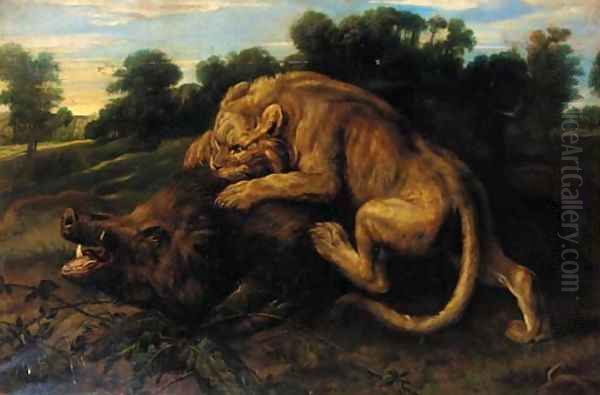 A lioness attacking a boar in a landscape Oil Painting by Frans Snyders